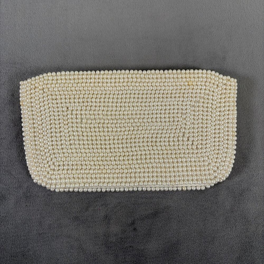 1960's Ivory & Grey Beaded Pearl Clutch Evening Hand Bag Purse Japan Vintage - Picture 2 of 13